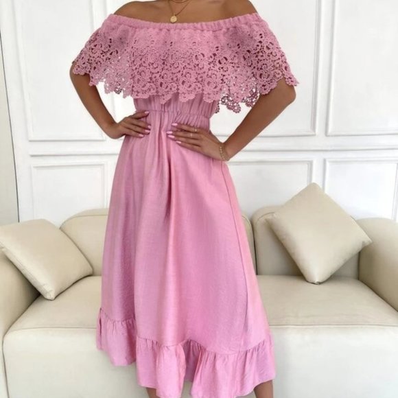 Lace Overplayed ruffled Off shoulder Midi Dress  PINK - Picture 4 of 6